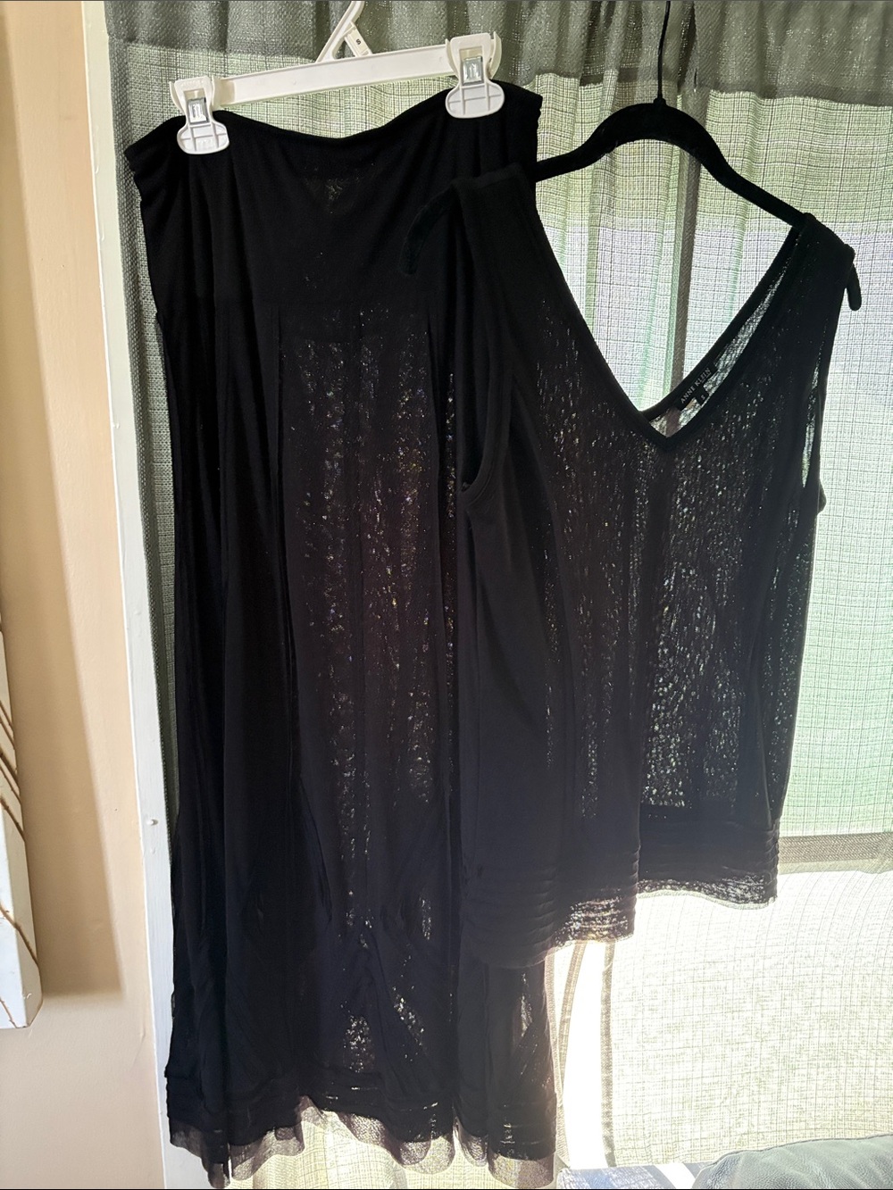 Anne Klein Black V-Neck Tank and Slip Skirt Set with Sheer Texture
